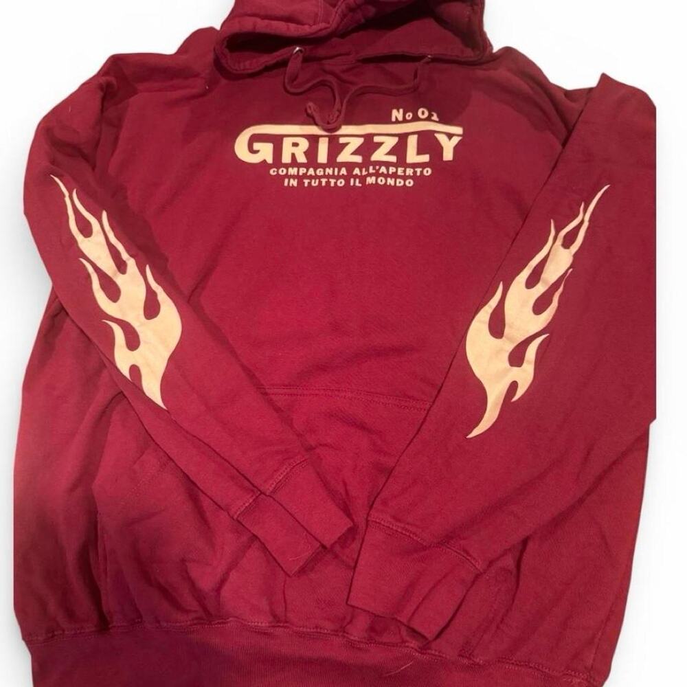 Burgundy Grizzly hoodie with white flame graphics on sleeves adult XL